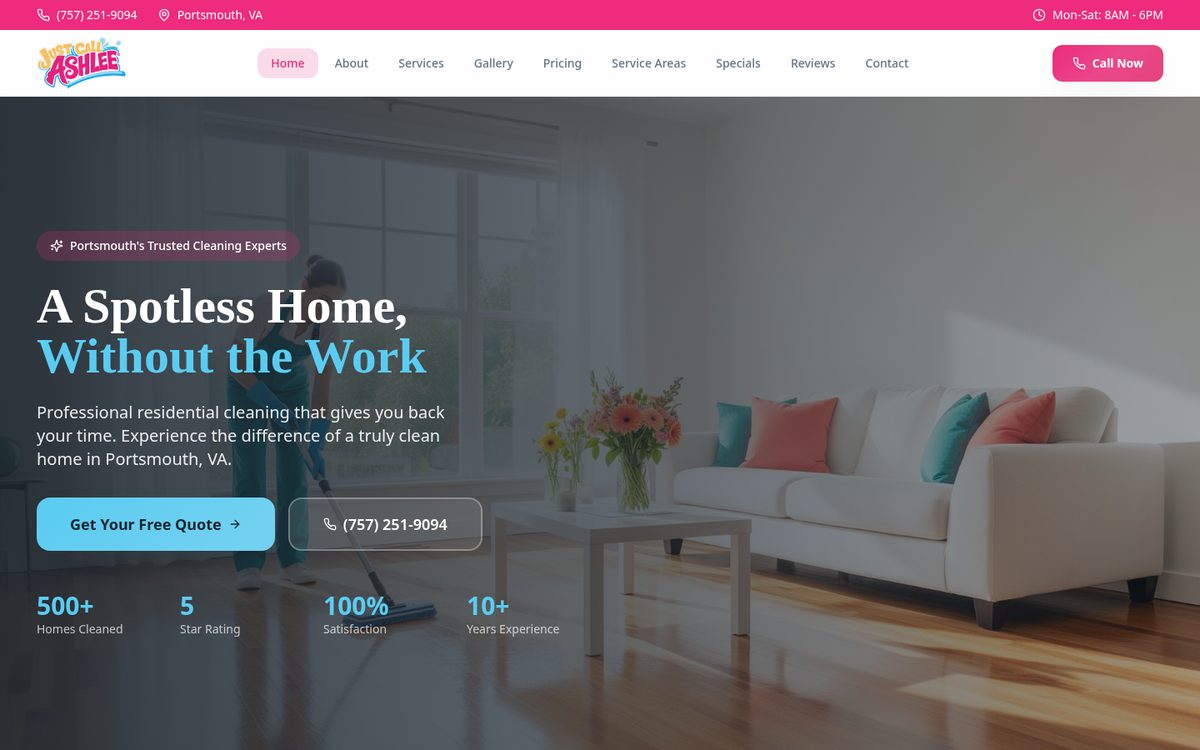Just Call Ashlee Cleaning website screenshot
